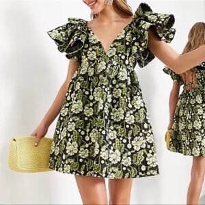 Klesis Ruffle Sleeve V Neck Fit and Flare Dress Large NWT